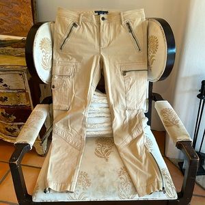 Blue Label Ralph Lauren Cargo Trousers with Brass Zipper and Snap Accents.